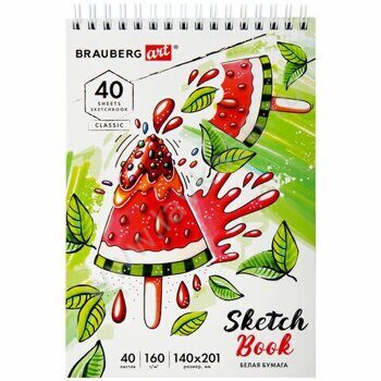 Скетчбук "Ассорти" 160 г/м2, 140*201 мм, 40 л., гребень, жесткая подложка, BRAUBERG
